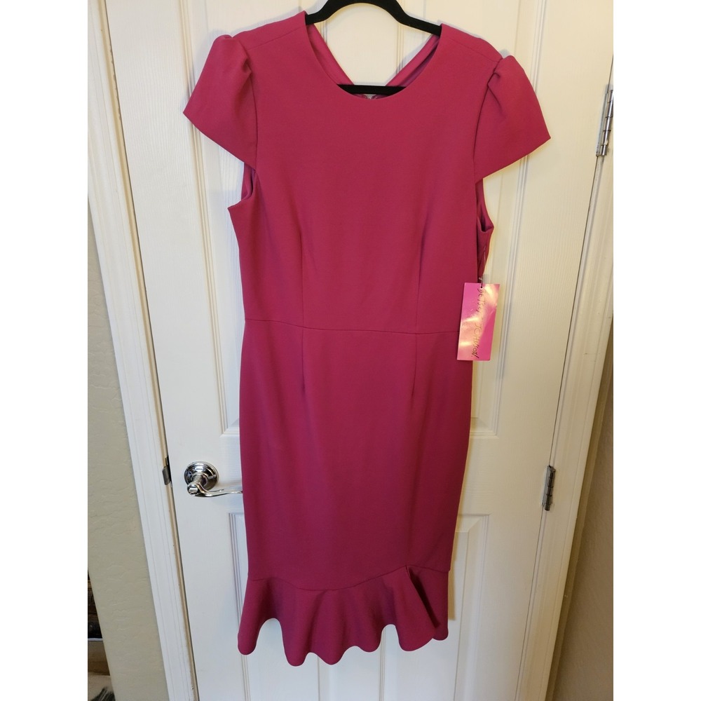 NWT Betsey Johnson Hot Pink Scuba Crepe Lined Midi Dress Back Zip Ruffled Hem 14